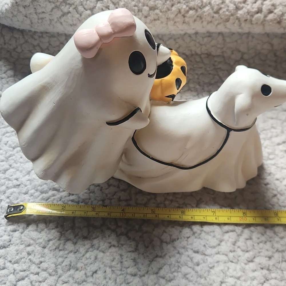 Halloween, Ghost With Pink Bow And Walking Ghost Dog W Pumpkin Figurine Pumpkin